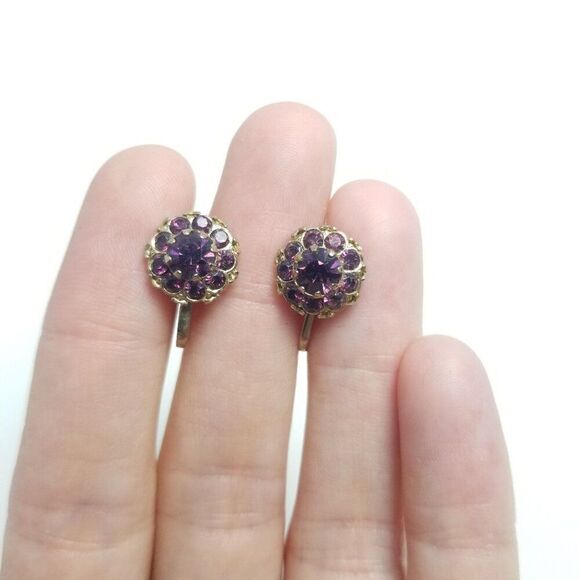 Vintage Coro Purple Rhinestone Cluster Clip On Earrings, Screw Backs, Retro - Picture 1 of 5